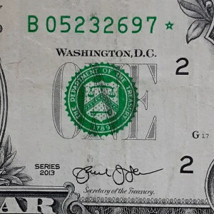 DC �d���V���A���ԍ� STAR Note B 05232697 �� 1�h�� $1 �����G���[ 2013