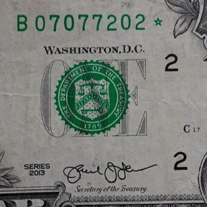 DC �d���V���A���ԍ� STAR Note B 07077202 �� 1�h�� $1 �����G���[ 2013