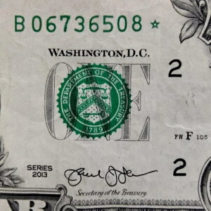 FW �d���V���A���ԍ� STAR Note B 06736508 �� 1�h�� $1 �����G���[ 2013