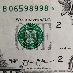 FW �d���V���A���ԍ� STAR Note B 06598998 �� 1�h�� $1 �����G���[ 2013