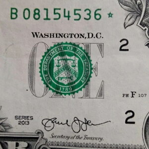 FW �d���V���A���ԍ� STAR Note B 08154536 �� 1�h�� $1 �����G���[ 2013