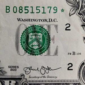 FW �d���V���A���ԍ� STAR Note B 08515179 �� 1�h�� $1 �����G���[ 2013