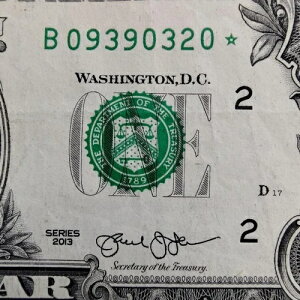 DC �d���V���A���ԍ� STAR Note B 09390320 �� 1�h�� $1 ���� �G���[ 2013
