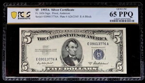 1953A 5�h����ݏؖ��� �u���[�V�[�� PCGS 65 PPQ �W�F���V���A���ԍ� E09013776A