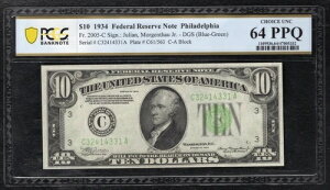 FR. 2005-C 1934 $10 FRN �t�B���f���t�B�A�A�y���V���x�j�A�B PCGS ���� �`���C�X ������-64PPQ