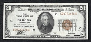 FR. 1870-C 1929 $20 FRBN �A�M������s�� �t�B���f���t�B�A�A�y���V���x�j�A�B XF/AU