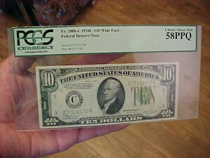 1934C $10 �A�M������s�� PCGS �`���C�X �V�i 58PPQ FR.2008-C ���C�h
