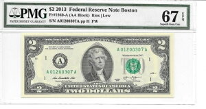 2013 �{�X�g�� $2 FRN (AA �u���b�N) PMG 67 EPQ �ɏ�W�F�� ������