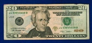 2009�N $20 FRN S/N 33644408�A�C���N�̟��݂Ǝ኱�̒��S���ꂠ��A���ʕi
