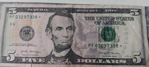 2107 A Star Note $5 �r�����ɒႢ�V���A���ԍ� 03297338-