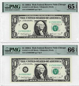 1988�NA $1 (2 Consec ) FRN 'WEB' Notes-fr.1917-G (AF 5/8) - PMG gem 65 & 66 EPQ-