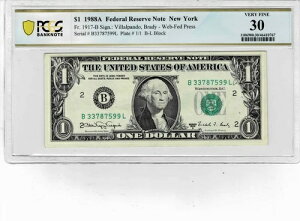 KEY-1988A $1 FRN -(BL BLOCK)- �����I��WEB�v���X�m�[�g-fr.1917-B --PCGS VF 30