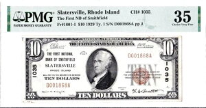 $10 1929 T1 National SLATERSVILLE ���[�h�A�C�����h RI ???? PMG 35 Choice Very Fine!