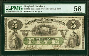 1862�N �����[�����h�B�\�[���Y�x���[ - Someset & Worcester Bank $5 - PMG 58 - �V���[�v�Ńy�C���g��!-