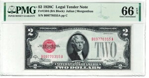 1928�N C $2 �@��ʉ� �ԃV�[������ FR#1504 BA �u���b�N PMG Gem UNC 66 EPQ