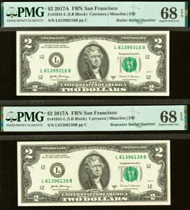 2017A $2 FRN PMG 68EPQ - �}�b�`���O���[�_�[���s�[�^�[�V���A���ԍ� 61396139