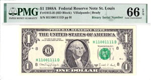 1988-A $1 FRN PMG 66EPQ �t�@���V�[ �j�A�\���b�h 6�� 0/1 �o�C�i�� �V���A���ԍ� H11001111D