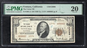 1929�N $10 Tyii the Union NB of Ventura, CA �����ʉ� Ch. #12996 PMG VF-20-