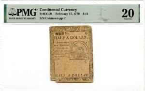 �嗤�ʉ� Fr#CC-21 1776�N2��17�� $1/2 PMG VF-20 *Fugio Note*