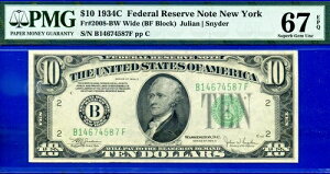 �g�b�v�|�b�v 1/0 1934C $10 �A�M������s�� PMG 67EPQ �ō��� BF �u���b�N Fr 2008-BW