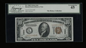 DBR 1934-A $10 FRN �n���C LB �u���b�N Fr. 2303 ���K�V�[ 45 �V���A�� L43221468B