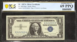 1957�N A $1 ��ݏؖ��� FR.1620 SMITH DILLON QA �u���b�N PCGS UNC 69 PPQ (809A