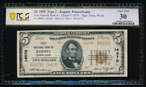 AC 1929�N $5 �y���V���x�j�A�B�R�b�y���̃t�@�[�X�g�i�V���i���o���N ch# 14070 PCGS 30-