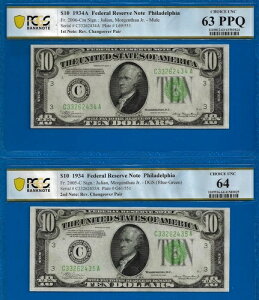 1934�N 1934�NA $10 �t�B���f���t�B�A FRN PCGS 63PPQ Rev�ؑ� Fr 2006-CM Fr 2005-C-