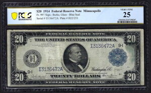 ???? 1914 $20 FRN FR-997 �u�~�l�A�|���X�v ??BURKE&GLASS?? PCGS VF 25 �킸�� 28 �����m���Ă��܂���!