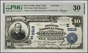 1902�N $10 The Peoples NB of Brooklyn, New York, New York Fr#626 CH# 9219 PMG VF30-