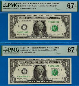 2017A $1 FRN �A�g�����^ �X�^�[ ���[���I�[�o�[ - PMG 67EPQ �X�[�p�[�u �W�F�� - 00919999 ��??�� 00920000