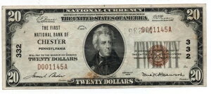 FR #1802-1 1929 $20 �y���V���o�j�A�B�`�F�X�^�[�̋�s�� CH #332
