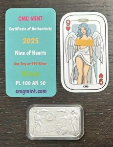 CMG �~���g 9 of Hearts �V���o�[ �A�[�g�o�[ �v���[�t 1�I���X .999 ���s���� 100�� COA & �X�e�b�J�[