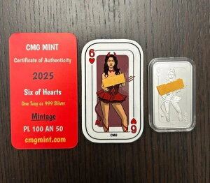 CMG �~���g 6 of Hearts �V���o�[ �A�[�g �o�[ PL 1 �I���X .999 ���s���� 100�� COA & �X�e�b�J�[�t��