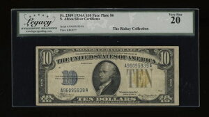 DBR 1934-A $10 �k�A�t���J �V���o�[ FP 86 Fr. 2309 ���K�V�[ VF-20 �V���A�� A96095939A