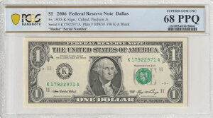 $1 2006 FRN Fr# 1933-K KA �u���b�N PCGS UNC 68 PPQ �_���X ���[�_�[ �V���A���ԍ�