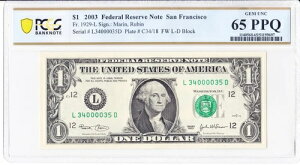 2003 $1 FRN �T���t�����V�X�R Fr.1929-L PCGS 65 PPQ �t�@���V�[ �V���A�� L34000035D �j�A �\��