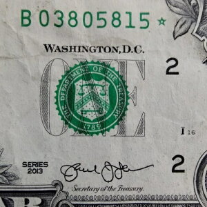 DC �d���V���A���ԍ� STAR Note B 03805815 �� 1�h�� $1 �����G���[ 2013