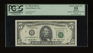 DBR 1993 $5 FRN �j���[���[�N Fr. 1982-B PCGS App 55 �V���A�� B47494087A