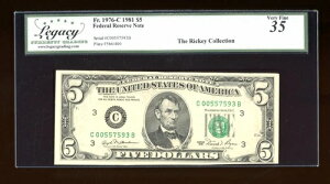 DBR 1981 $5 FRN �t�B���f���t�B�A Fr. 1976-C ���K�V�[ 35 �V���A�� C00557593B