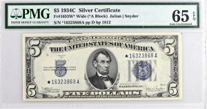 1934�N-C $5 �V���o�[�W�F���X�^�[ Fr 1654W * ���C�h PMG 65 EPQ-