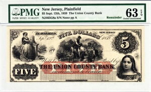 $5 1859 Plainfield, NJ-Union County Bank Remainder PMG �I�� UNC 63 EPQ-���A!-