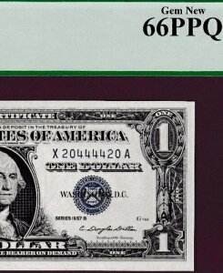 �t�@���V�[�u�b�N�G���h S/N 20444420 $1 1957 B �V���o�[�ؖ����m�[�g Fr.1621 PCGS