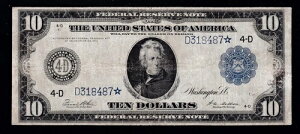�č� 1914 �N $10 FRN �N���[�u�����h�n�� STAR NOTE* FR 919a F-VF (487*)