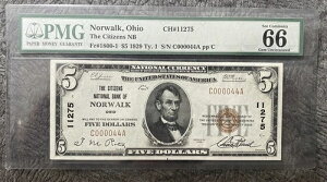 1929�N $5 �I�n�C�I�B�m�[�E�H�[�N National Note Ch.#11275 PMG 66 EPQ gem ������-
