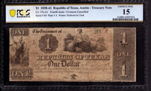 1841�N �e�L�T�X���a���I�[�X�e�B�������Ȏ��� 1�h�� CR-TX-A1 PCGS B �`���C�X�t�@�C�� F 15
