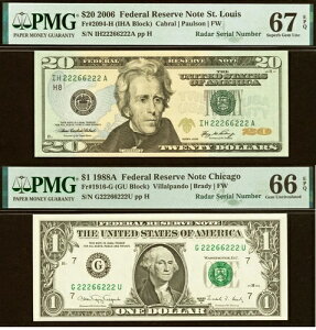 2006 $20 1988A $1 FRN PMG 66EPQ �V���A���ԍ�22266222�̈�v���郌�[�_�[2�Z�b�g