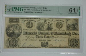1841�N�p�~ Morris Canal & Banking Co �W���[�W�V�e�B NJ $3 Note PMG 64 Ch Unc EPQ-