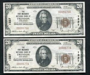 �i2�j�A��1929 $20 THE FIRST-MECHANICS NB OF TRENTON, NJ CH. #1327 XF/AU