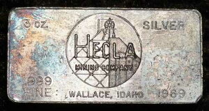 1969�N HECLA Mining Comp. Wallace Idaho Foster TONED 3oz 999 FINE Silver bar C6263